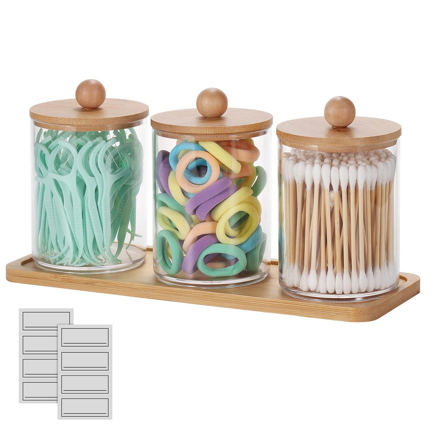 AUANIYAN 3pcs Acrylic Qtip Holder with Bamboo Lids, Qtip Holder for Cotton Balls Transparent Bathroom Container Accessories Storage Organizer